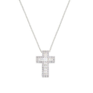 Collar con cruz de plata de ley con circonitas blancas – acabado en rodio – Longitud 40 + 5 cm · cruz 1,3 x 1,8 cm