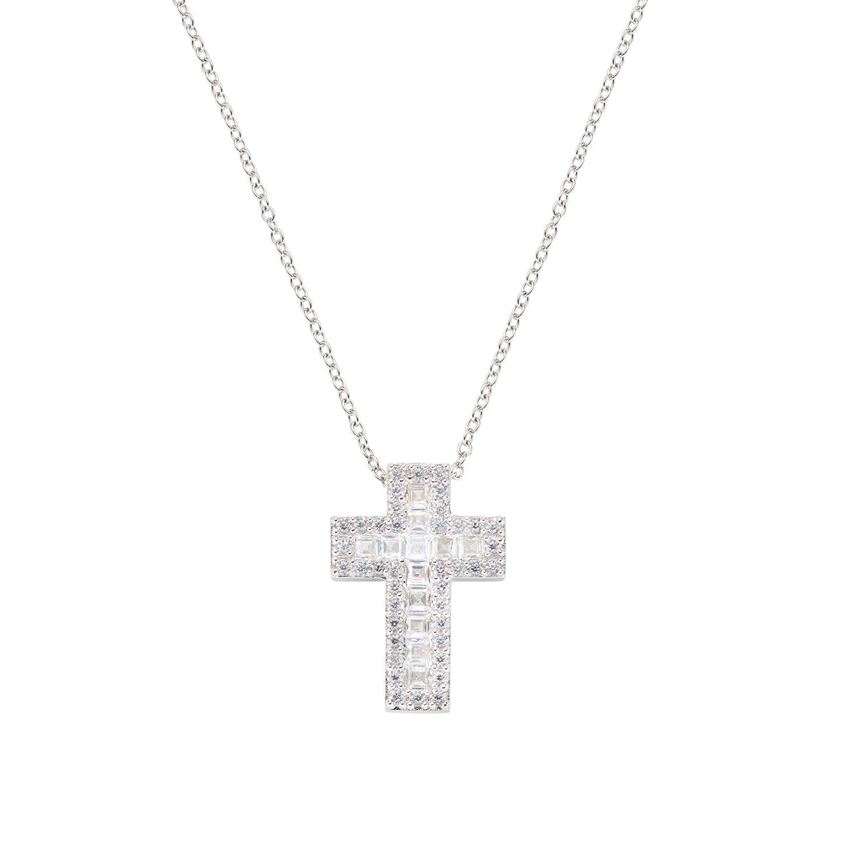 Collar con cruz de plata de ley con circonitas blancas – acabado en rodio – Longitud 40 + 5 cm · cruz 1,3 x 1,8 cm