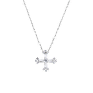Collar con cruz de plata de ley con circonitas blancas – acabado en rodio – Longitud 40 + 5 cm · circonita Ø 3 mm · cruz 18 x 18 mm