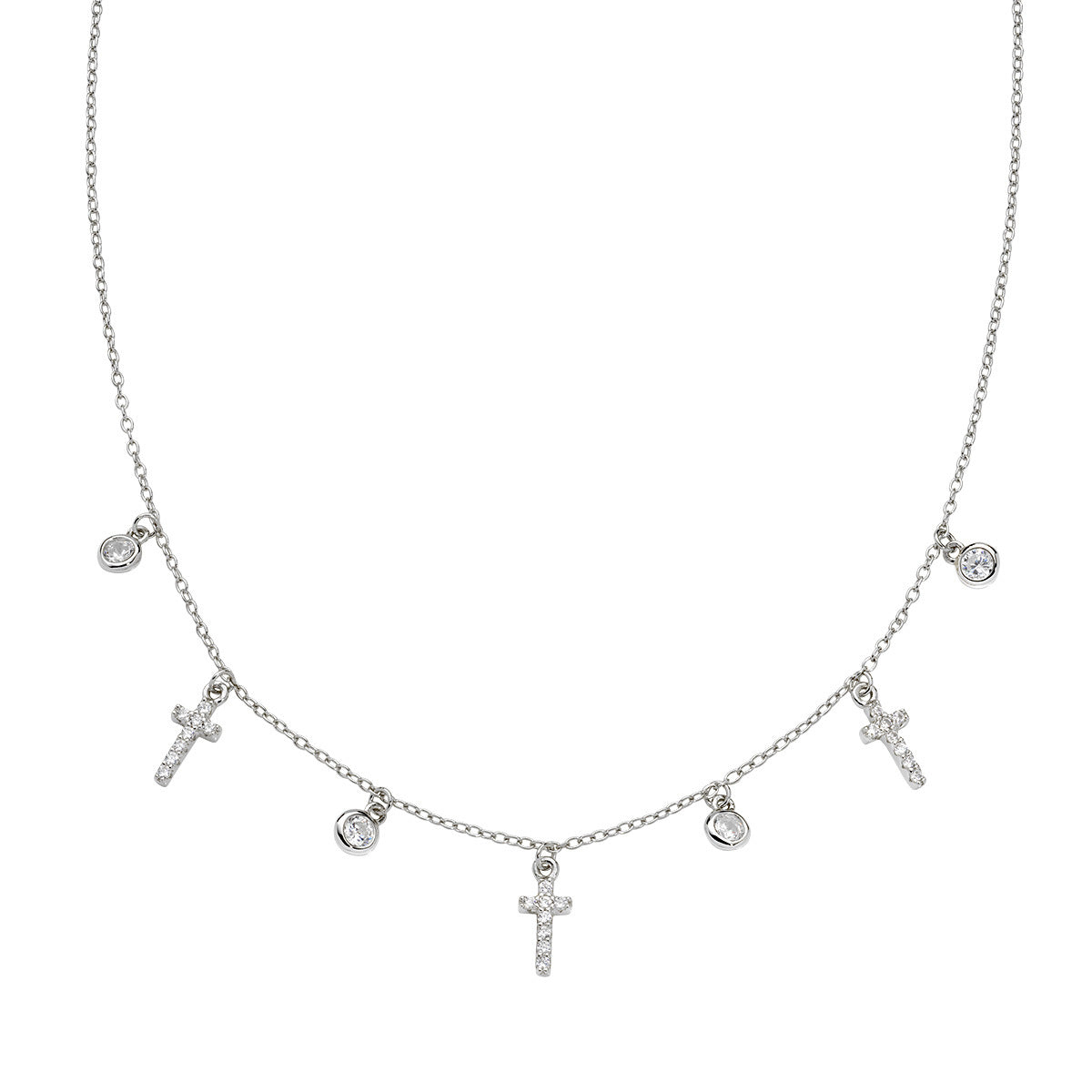 Collar con cruz de plata de ley con circonitas blancas – acabado en rodio – Longitud 38 + 5 cm · circonita Ø 3 mm · cruz 8 x 4 mm