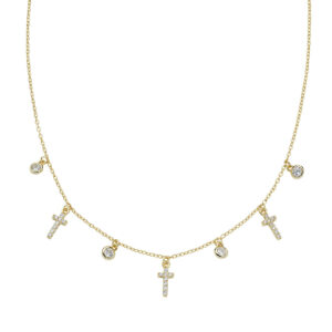 Collar con cruz de plata de ley con circonitas blancas – acabado dorado – Longitud 38 + 5 cm · circonita Ø 3 mm · cruz 8 x 4 mm
