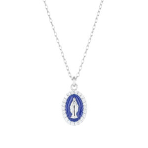 Collar de la Virgen Milagrosa de plata de ley con esmalte azul y circonitas blancas – acabado en rodio