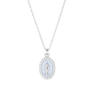 Collar de la Virgen Milagrosa de plata de ley con esmalte blanco y circonitas – acabado en rodio