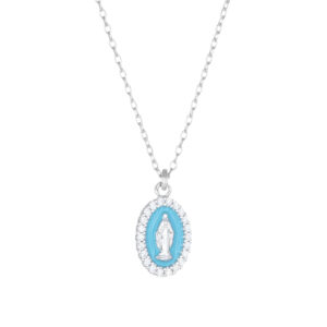 Collar de la Virgen Milagrosa de plata de ley con esmalte turquesa y circonitas blancas – acabado en rodio