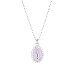 Collar de la Virgen Milagrosa de plata de ley con esmalte rosa y circonitas blancas – acabado en rodio