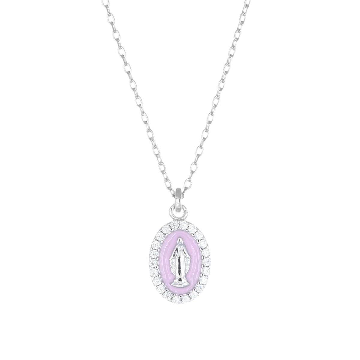 Collar de la Virgen Milagrosa de plata de ley con esmalte rosa y circonitas blancas – acabado en rodio