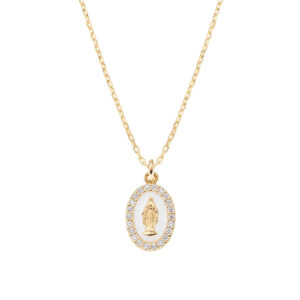 Collar de la Virgen Milagrosa de plata de ley con esmalte blanco perla y circonitas blancas – acabado dorado