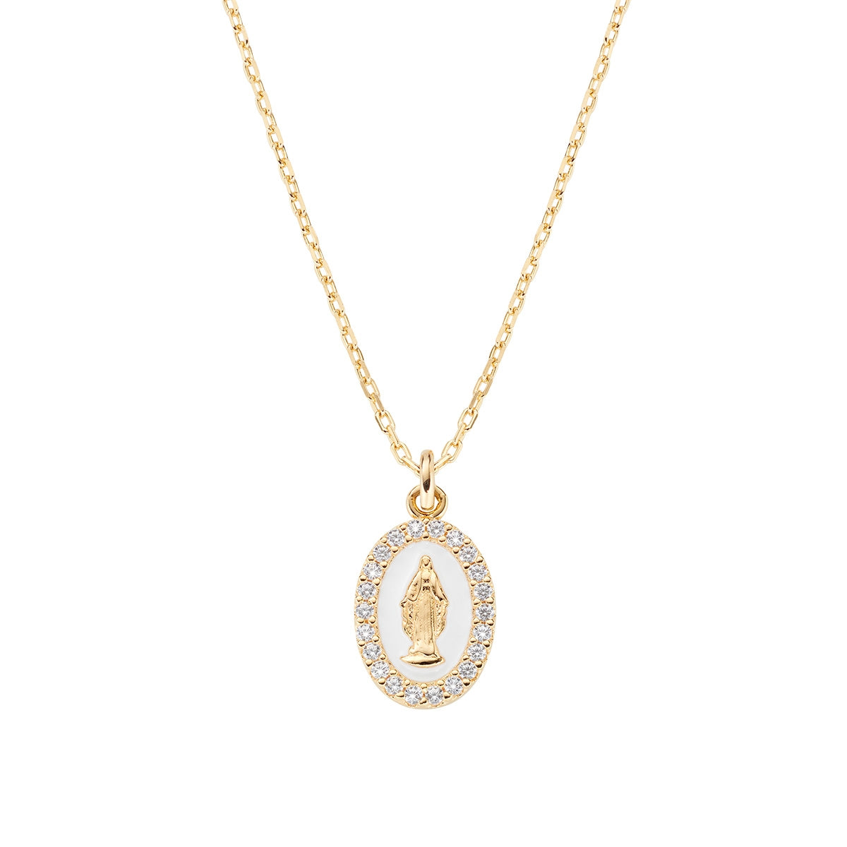 Collar de la Virgen Milagrosa de plata de ley con esmalte blanco perla y circonitas blancas – acabado dorado