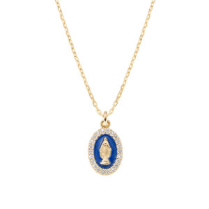 Collar de la Virgen Milagrosa de plata de ley con esmalte azul y circonitas blancas – acabado dorado