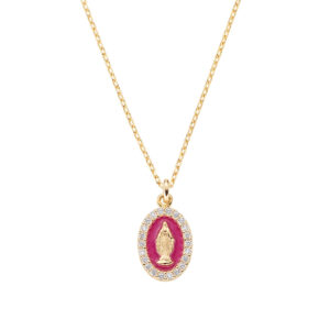 Collar de la Virgen Milagrosa de plata de ley con esmalte burdeos y circonitas blancas – acabado dorado