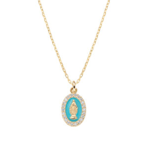 Collar de la Virgen Milagrosa de plata de ley con esmalte turquesa y circonitas blancas – acabado dorado