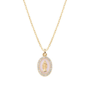 Collar de la Virgen Milagrosa de plata de ley con esmalte rosa perla y circonitas blancas – acabado dorado