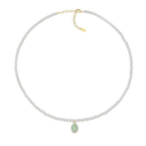 Collar de la Virgen Milagrosa de plata de ley con perlas, esmalte verde espuma de mar y circonitas blancas – acabado dorado