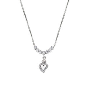Collar del Sagrado Corazón de plata de ley con circonitas blancas – acabado en rodio – Longitud 38 + 5 cm · circonita Ø 2 mm · Sagrado Corazón 9 x 6 mm