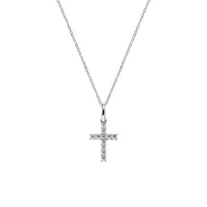 Collar con cruz de plata de ley con circonitas blancas – acabado en rodio – Longitud 42 + 5 cm · altura del colgante 1,7 cm