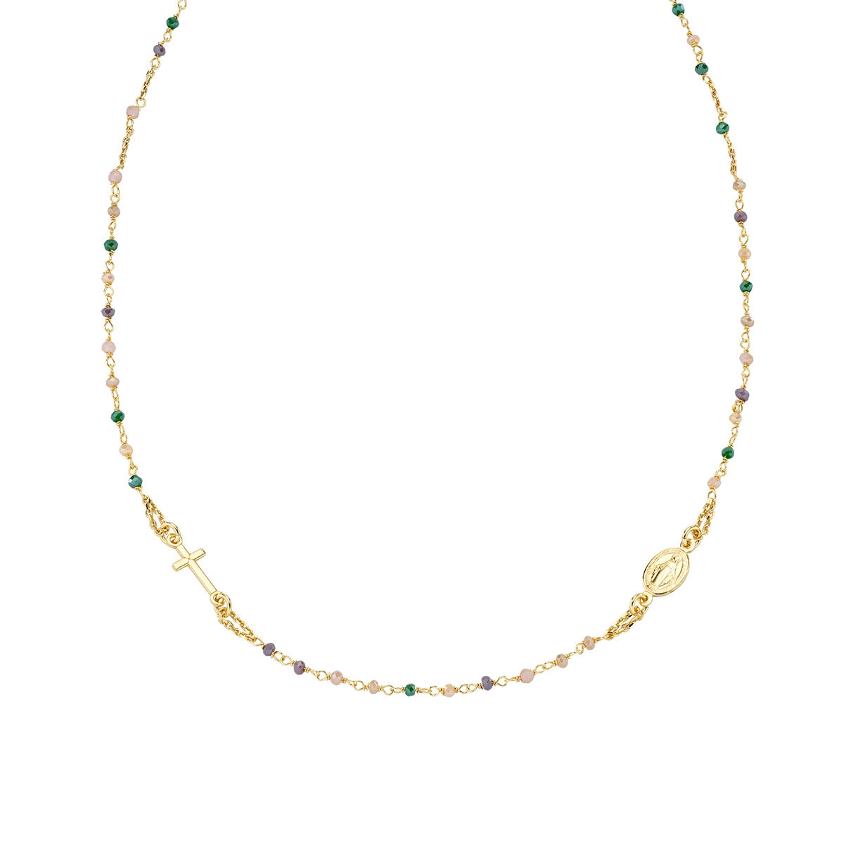 Rosario con cristales de plata de ley con cristales gris paloma y verdes – acabado dorado