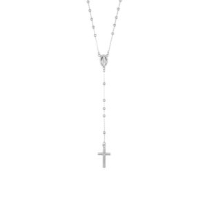 Rosario clásico de plata de ley – acabado en rodio – Longitud 48 + 2 cm · cuentas Ø 2 mm