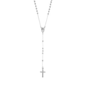 Rosario clásico de plata de ley – acabado en rodio – Longitud 48 + 2 cm · cuentas Ø 3 mm