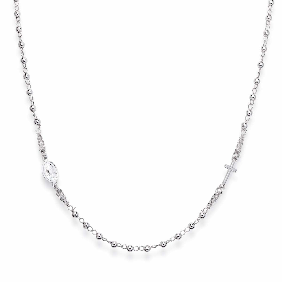 Rosario clásico de plata de ley – acabado en rodio – Longitud 50 + 2 cm · cuentas Ø 3 mm