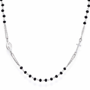 Rosario con cristales de plata de ley con cristales negros – acabado en rodio – Longitud 50 + 2 cm · cuentas Ø 3 mm