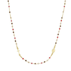 Rosario con cristales de plata de ley con cristales marrones, naranjas y grises – acabado dorado – Longitud 50 + 2 cm · cuentas Ø 3 mm