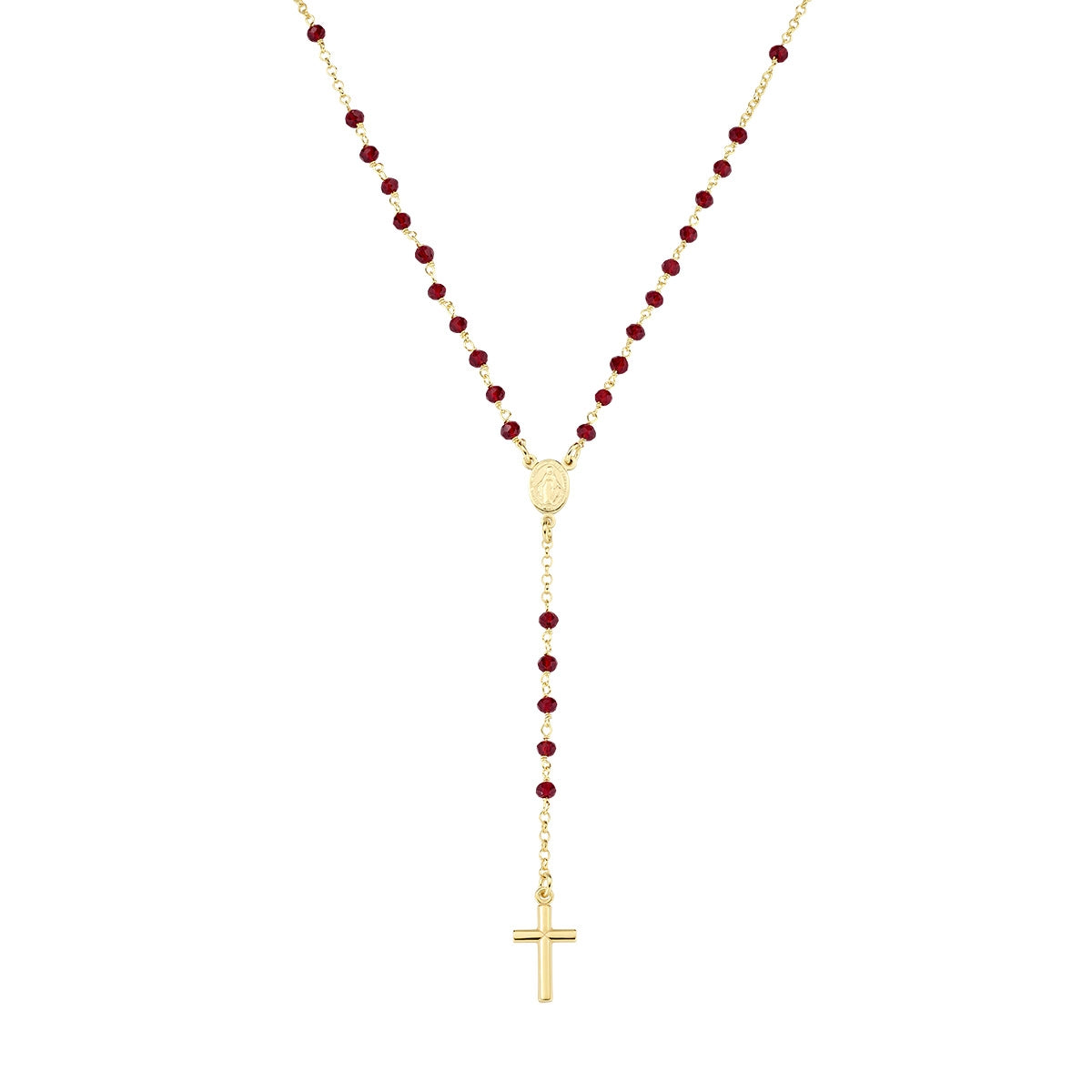 Rosario con cristales de plata de ley con cristales rojos – acabado dorado – Longitud 48 + 2 cm · cuentas Ø 3 mm