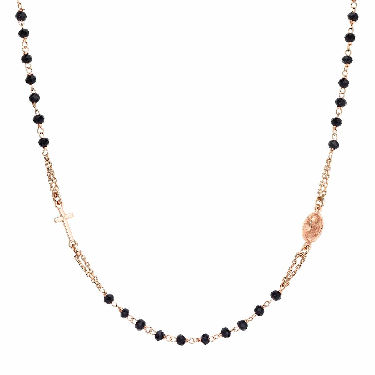 Rosario con cristales de plata de ley con cristales negros – acabado rosado – Longitud 50 + 2 cm · cuentas Ø 3 mm