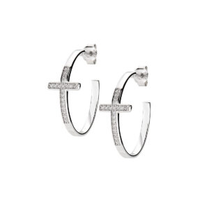 Pendientes con cruz de plata de ley con circonitas blancas – acabado en rodio – Ø 2 cm