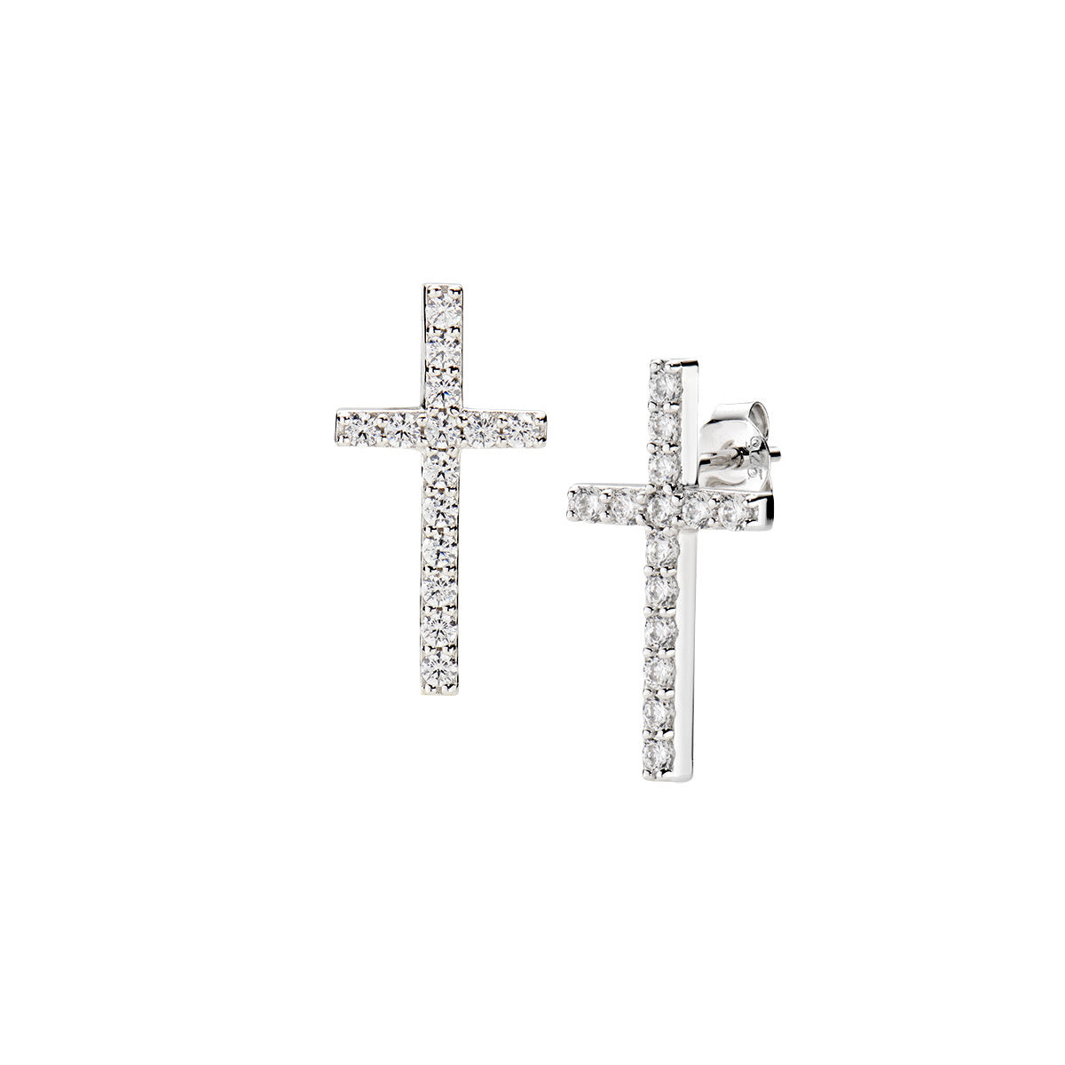 Pendientes con cruz de plata de ley con circonitas blancas – acabado en rodio – 2 x 1 cm