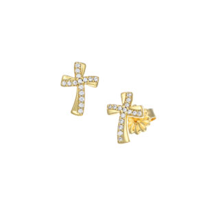 Pendientes con cruz de plata de ley con circonitas blancas – acabado dorado – 9 x 7 mm