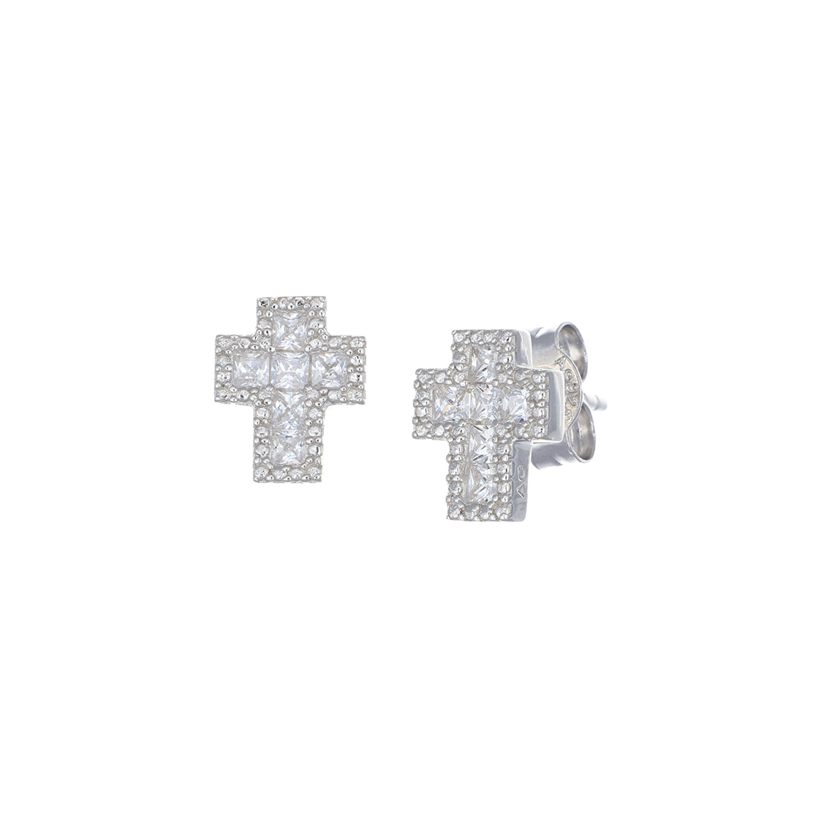 Pendientes con cruz de plata de ley con circonitas blancas – acabado en rodio – Altura 8 mm