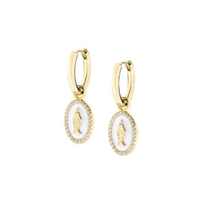 Pendientes de la Virgen Milagrosa de plata de ley con esmalte blanco y circonitas – acabado dorado
