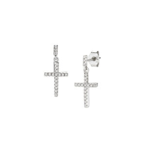 Pendientes con cruz de plata de ley con circonitas blancas – acabado en rodio – Longitud 1,7 cm · colgante 8 x 12 mm