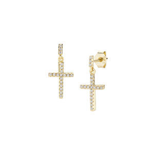 Pendientes con cruz de plata de ley con circonitas blancas – acabado dorado – Longitud 1,7 cm · colgante 8 x 12 mm