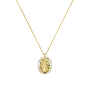 Collar de la Virgen Milagrosa de latón con circonitas blancas – chapado en oro de 18 quilates – Longitud 40 + 5 cm · colgante 1,8 x 1,4 cm - medallala giratoria