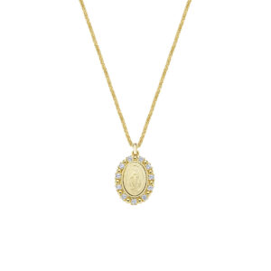 Collar de la Virgen Milagrosa de latón con circonitas blancas – chapado en oro de 18 quilates – Longitud 40 + 5 cm · colgante 1,4 x 1,8 cm – OTCLMIGIGBZ