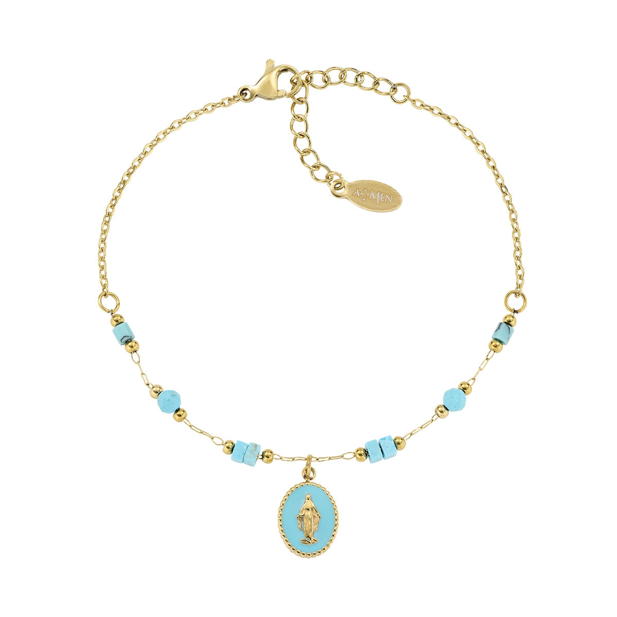 Pulsera de acero inoxidable con esmalte turquesa – acabado dorado