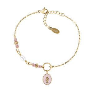 Pulsera de acero inoxidable con esmalte rosa – acabado dorado – Longitud 16 + 3 cm
