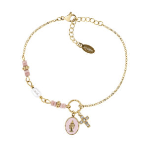 Pulsera de acero inoxidable con esmalte rosa y circonitas blancas – acabado dorado