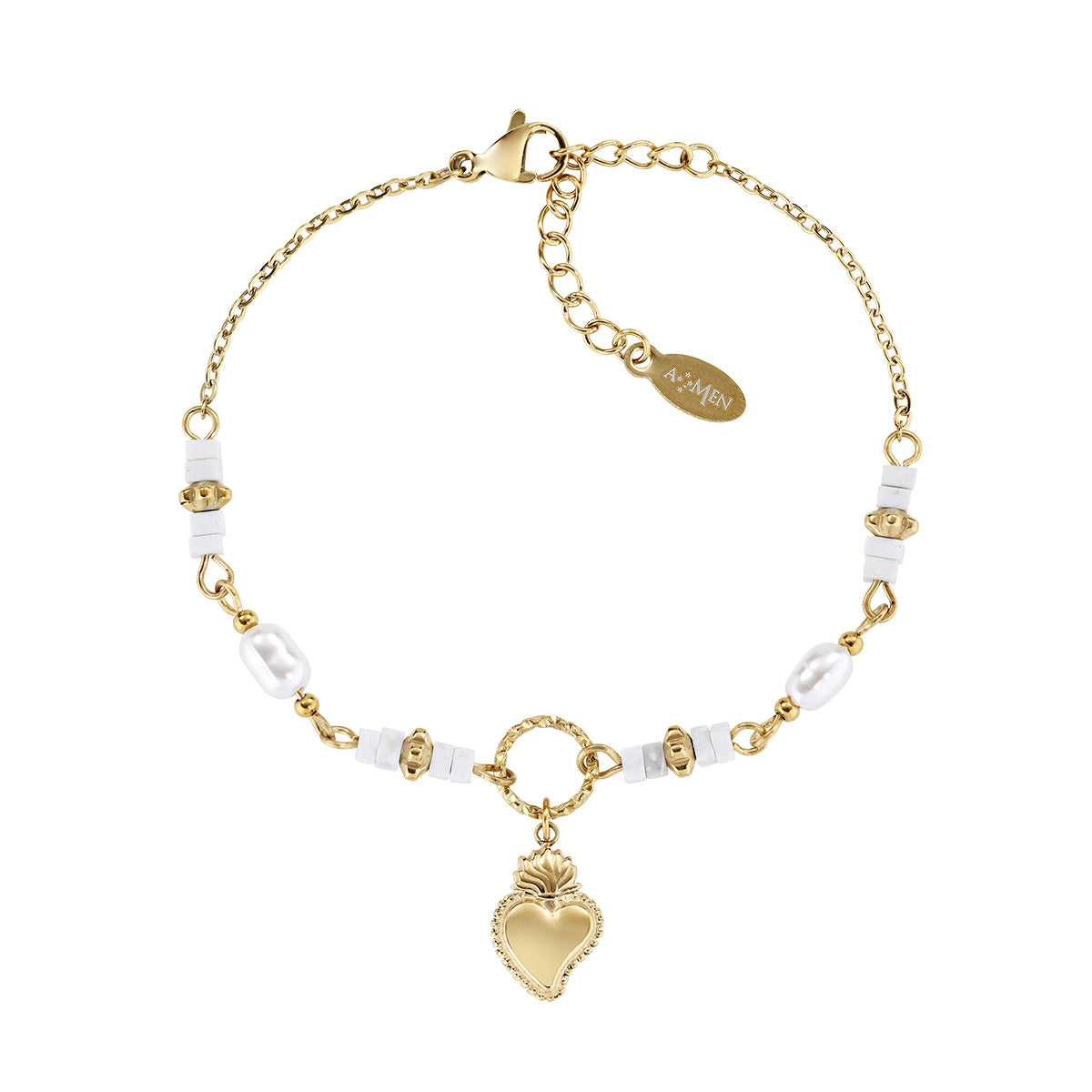 Pulsera de acero inoxidable con esmalte blanco – acabado dorado – Longitud 16 + 3 cm – ACBR818406G