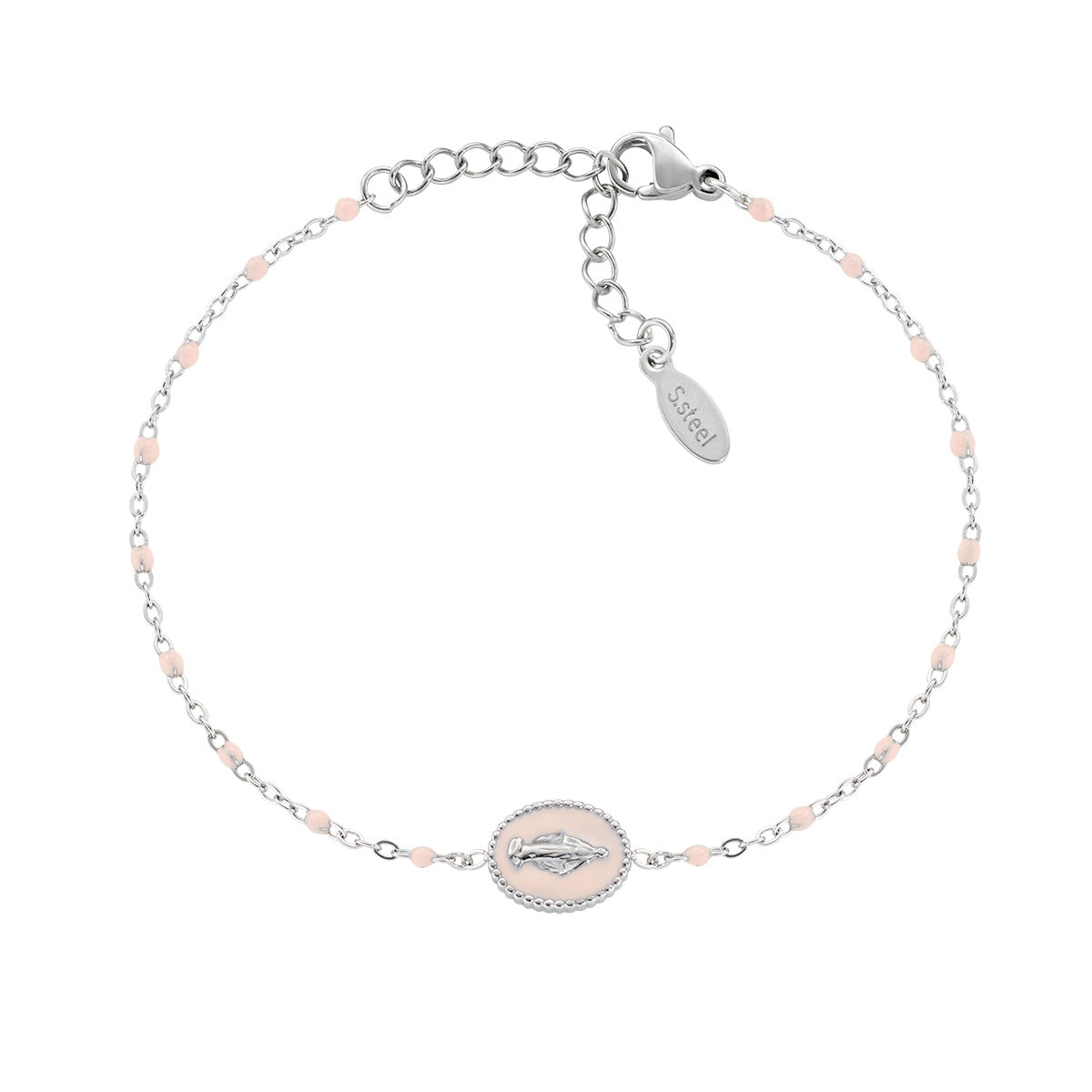 Pulsera de acero inoxidable con esmalte rosa – acabado en acero – Longitud 17 + 3,5 cm