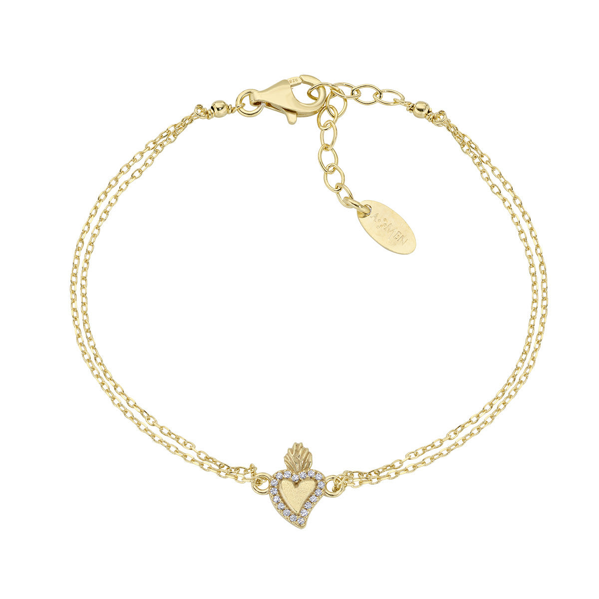 Pulsera del Sagrado Corazón de plata de ley con circonitas blancas – acabado dorado