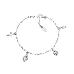 Pulsera del Sagrado Corazón de plata de ley con perla de cristal y circonitas blancas – acabado en rodio