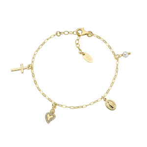 Pulsera del Sagrado Corazón de plata de ley con perla de cristal y circonitas blancas – acabado dorado