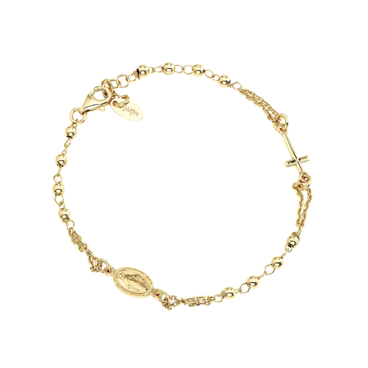 Pulsera rosario clásica de plata de ley – acabado dorado – Longitud 18 + 2 cm · cuentas Ø 2 mm