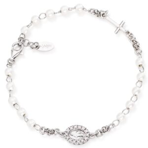 Pulsera rosario con perlas de plata de ley con perlas de cristal blancas y circonitas – acabado en rodio