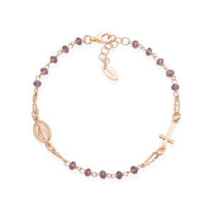 Pulsera rosario con cristales de plata de ley con cristales morado oscuro – acabado rosado