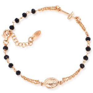 Pulsera rosario con cristales de plata de ley con cristales negros – acabado rosado