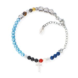 Pulsera Vida de Cristo y María de plata de ley con perlas de cristal multicolor – acabado en rodio – Longitud 15 + 5 cm · perlas Ø 4 mm · colgante 1 cm