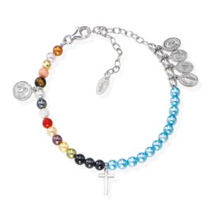 Pulsera Vida de Cristo y María de plata de ley con perlas de cristal multicolor – acabado en rodio – Longitud 15 + 5 cm · perlas Ø 4 mm · colgante 1 cm/5 mm